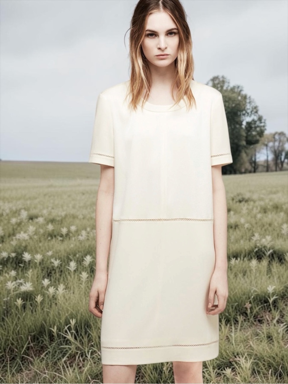 Rag & Bone Short Sleeve W/Perforated Stripes Satin Alex Dress Size 4 In Cream
